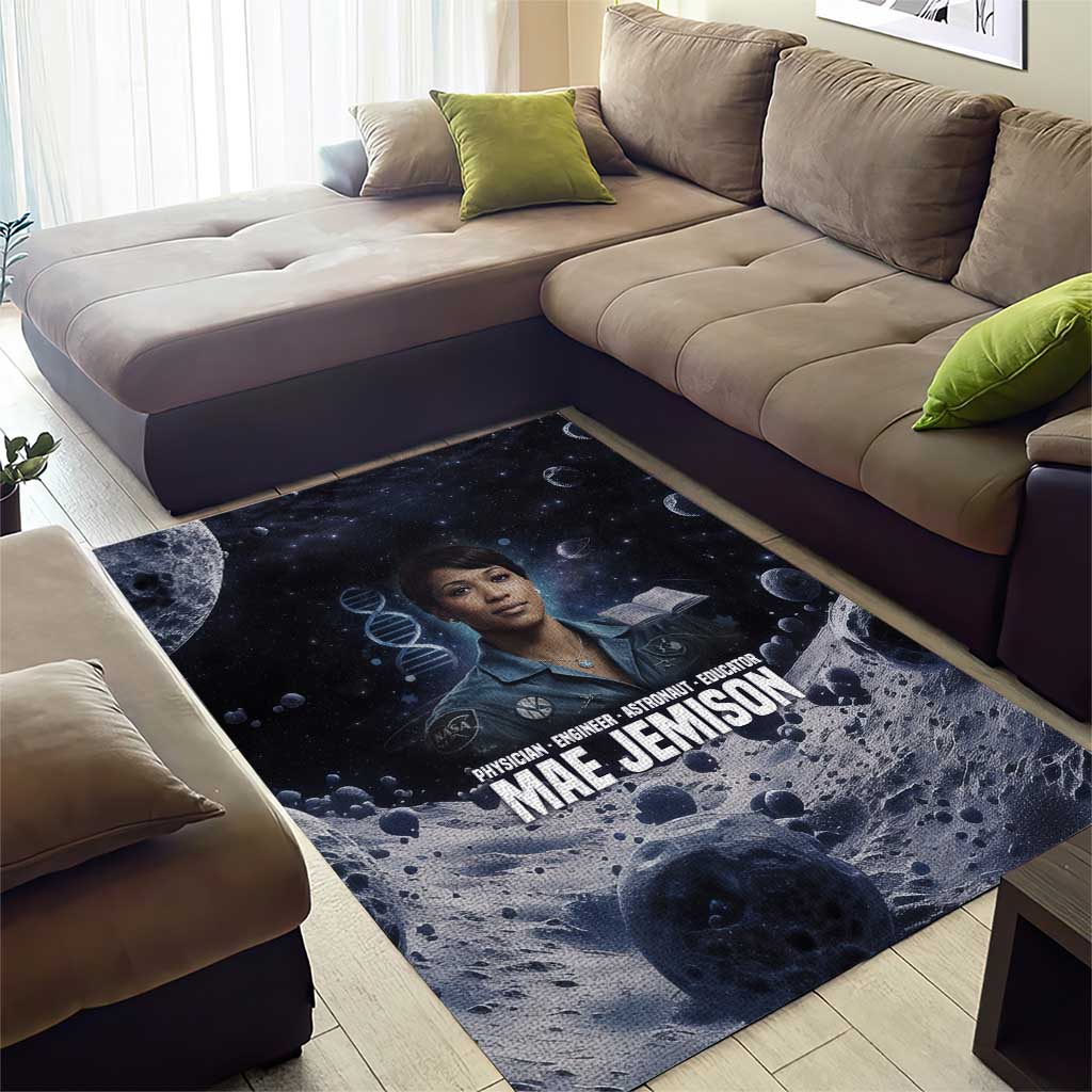Mae Jemison Area Rug with Space Portrait Design, Science Has No Boundaries Quote and DNA Book Elements - African Pride