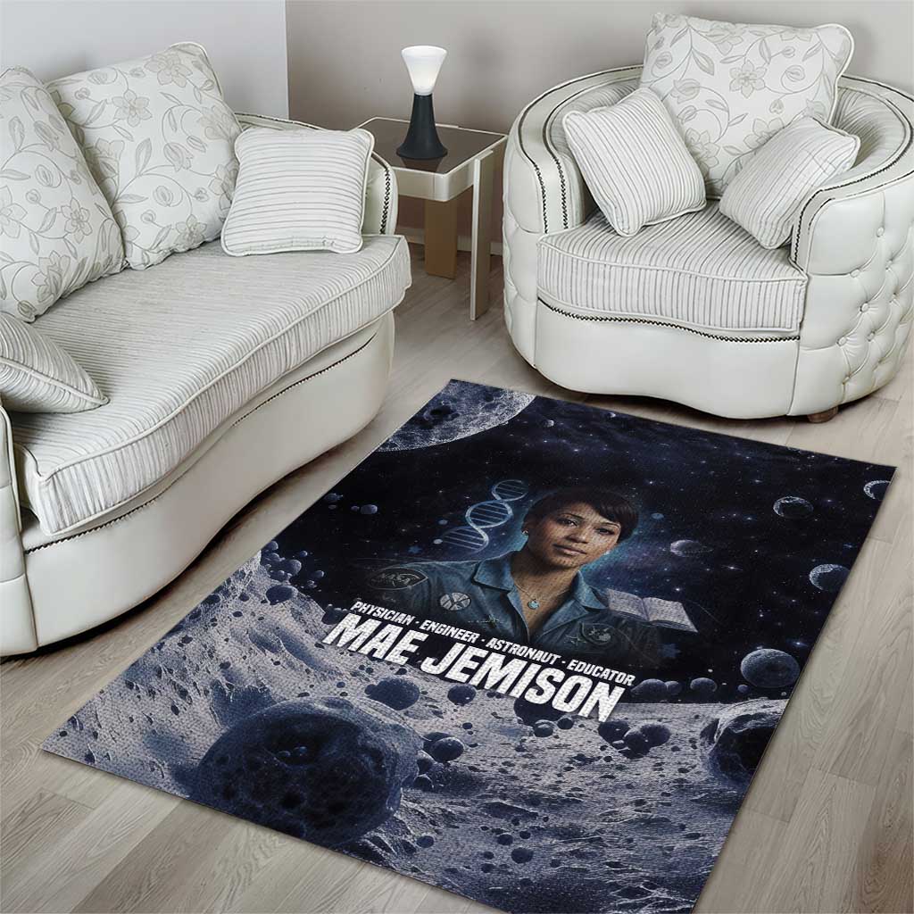 Mae Jemison Area Rug with Space Portrait Design, Science Has No Boundaries Quote and DNA Book Elements - African Pride