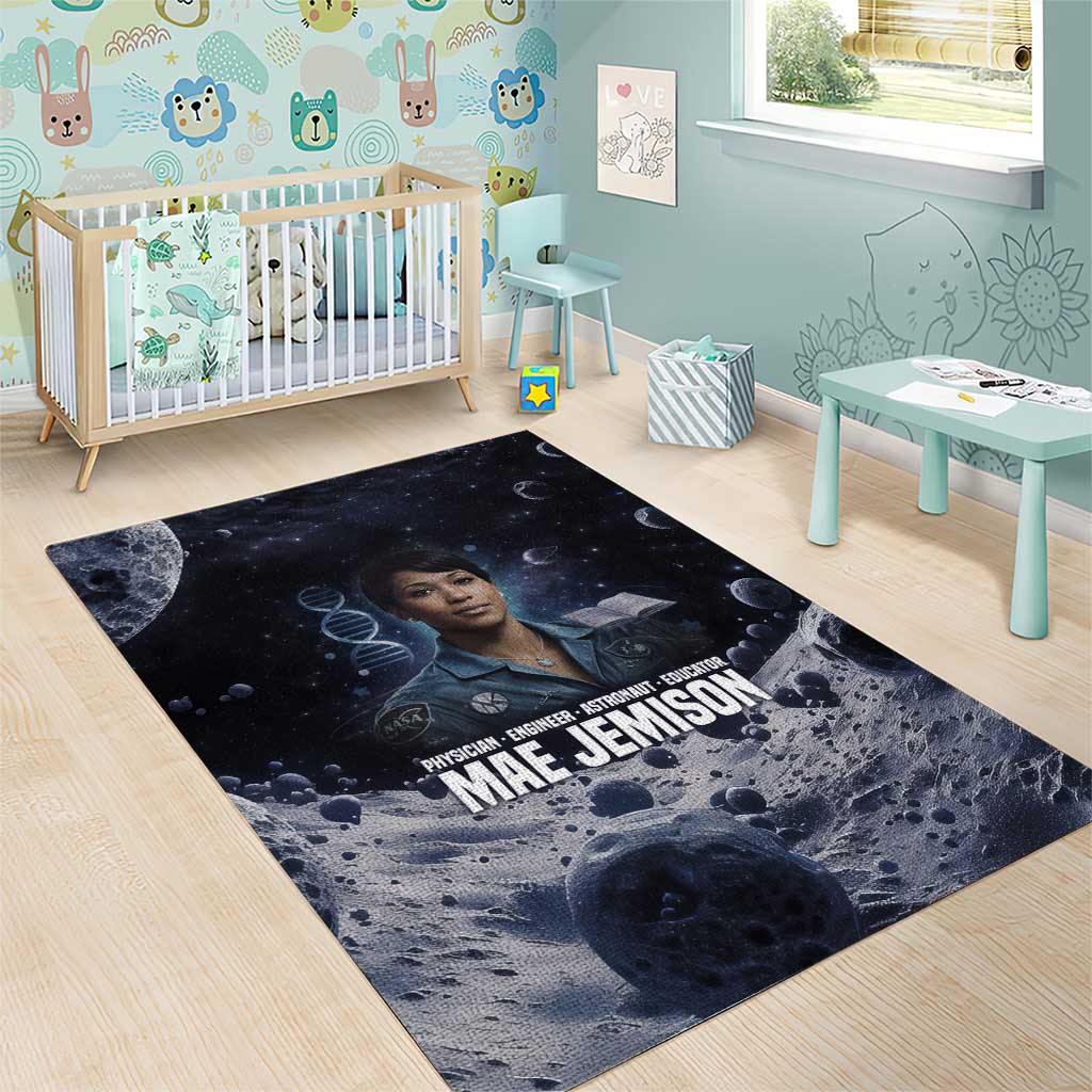 Mae Jemison Area Rug with Space Portrait Design, Science Has No Boundaries Quote and DNA Book Elements - African Pride