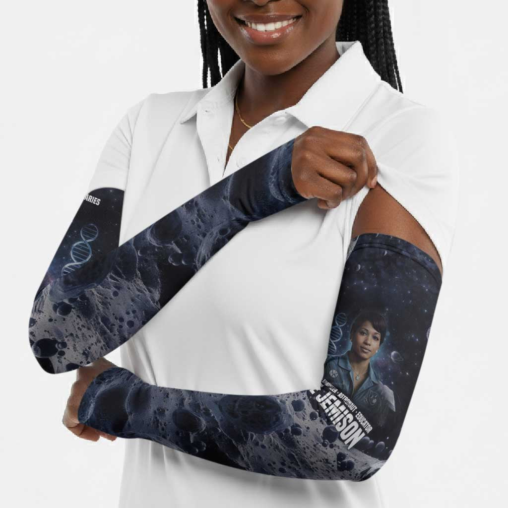 Mae Jemison Arm Sleeves with Space Portrait Design, Science Has No Boundaries Quote and DNA Book Elements - African Pride