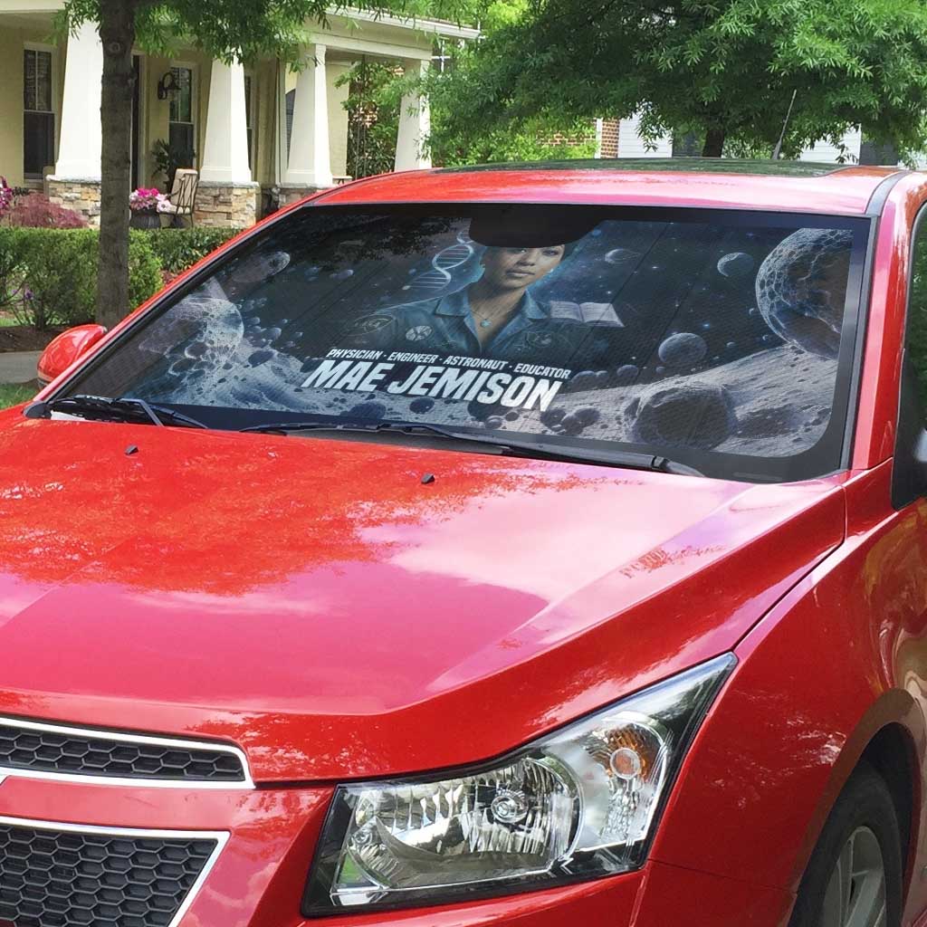 Mae Jemison Auto Sun Shade with Space Portrait Design, Science Has No Boundaries Quote and DNA Book Elements - African Pride