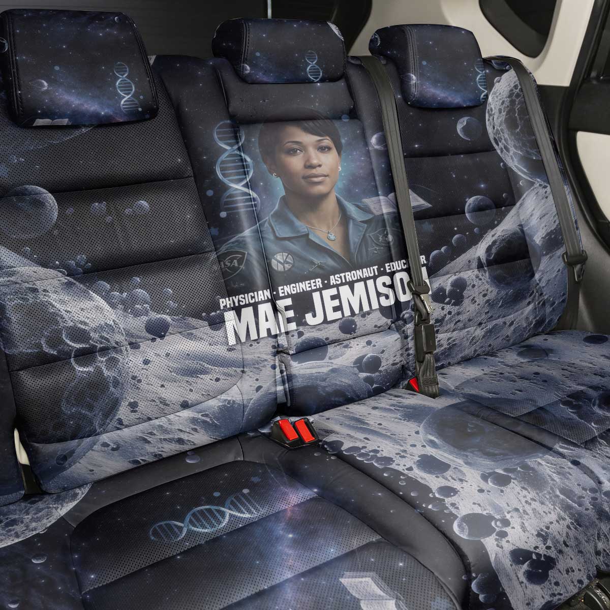 Mae Jemison Back Car Seat Cover with Space Portrait Design, Science Has No Boundaries Quote and DNA Book Elements - African Pride