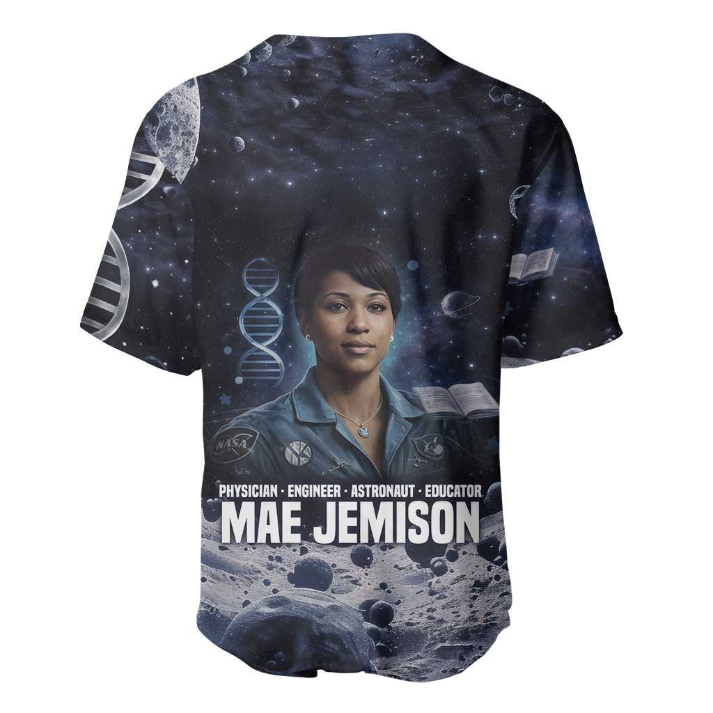 Mae Jemison Baseball Jersey with Space Portrait Design, Science Has No Boundaries Quote and DNA Book Elements - African Pride