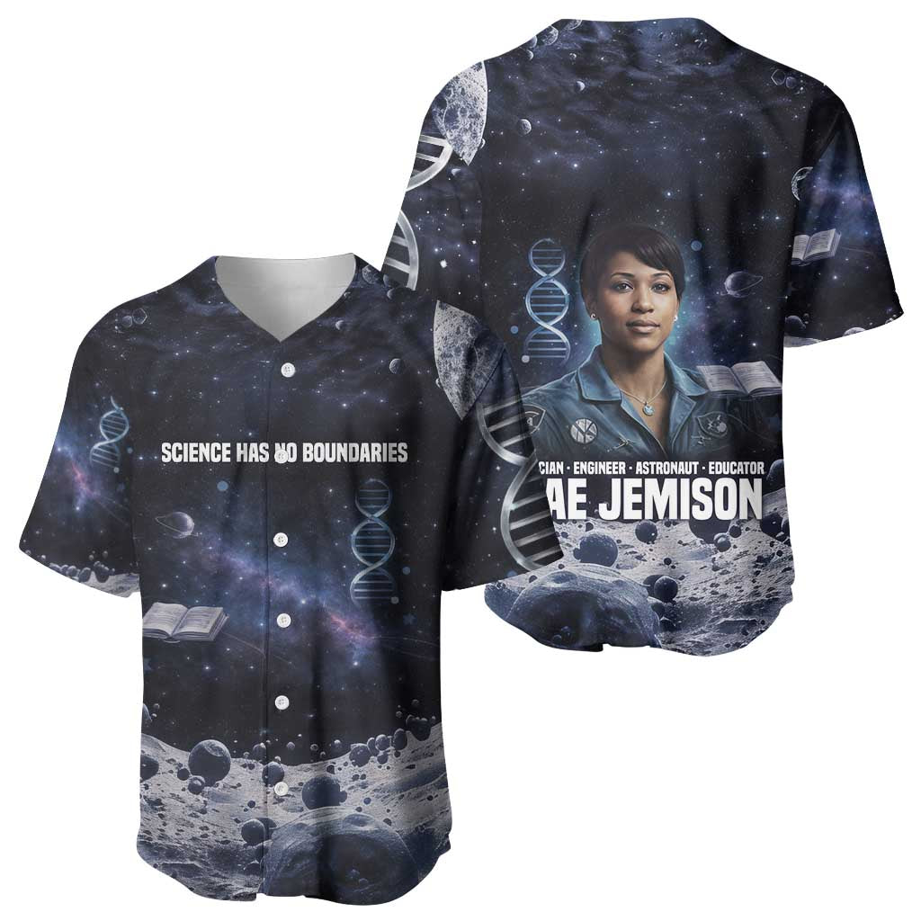 Mae Jemison Baseball Jersey with Space Portrait Design, Science Has No Boundaries Quote and DNA Book Elements - African Pride