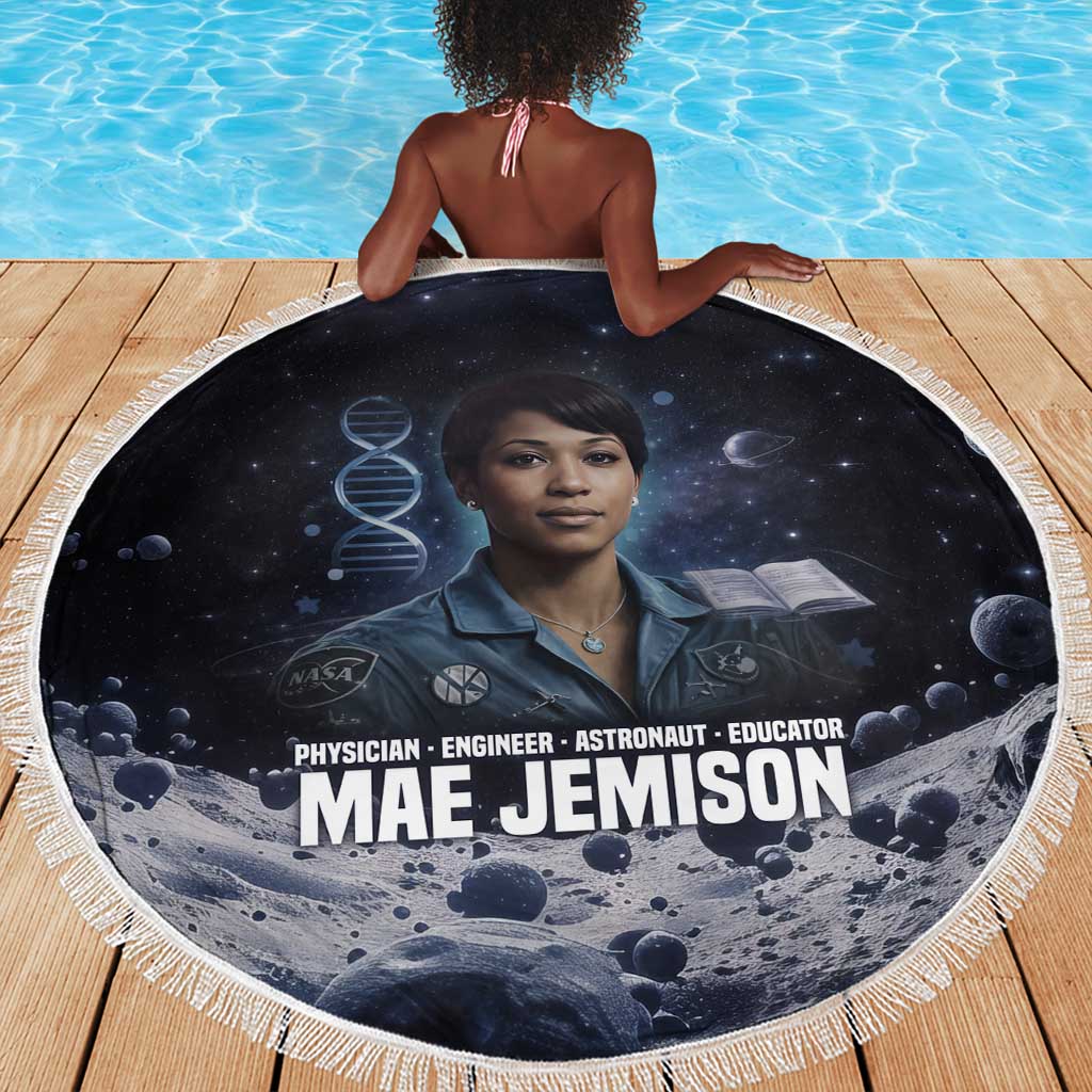 Mae Jemison Beach Blanket with Space Portrait Design, Science Has No Boundaries Quote and DNA Book Elements - African Pride