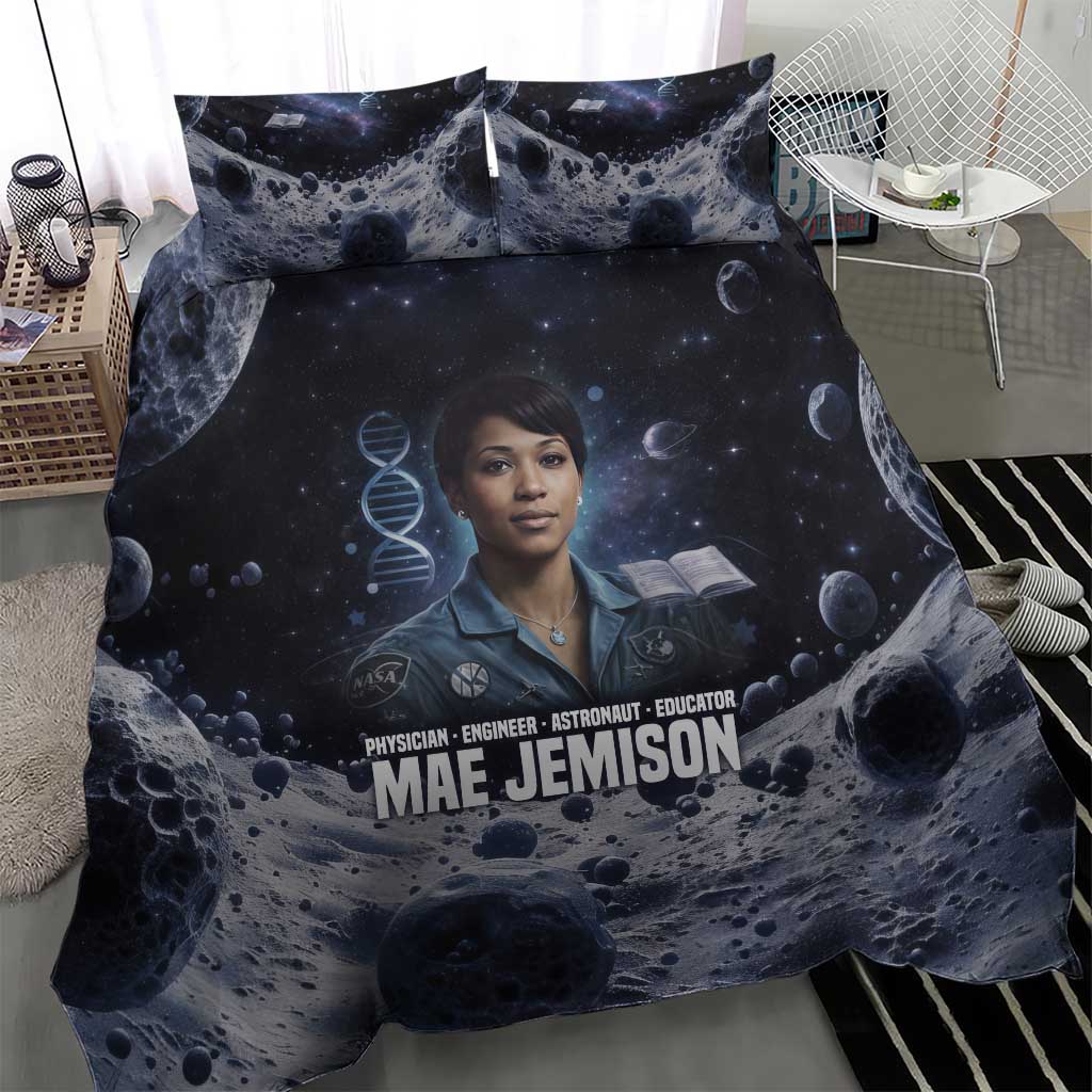 Mae Jemison Bedding Set with Space Portrait Design, Science Has No Boundaries Quote and DNA Book Elements - African Pride