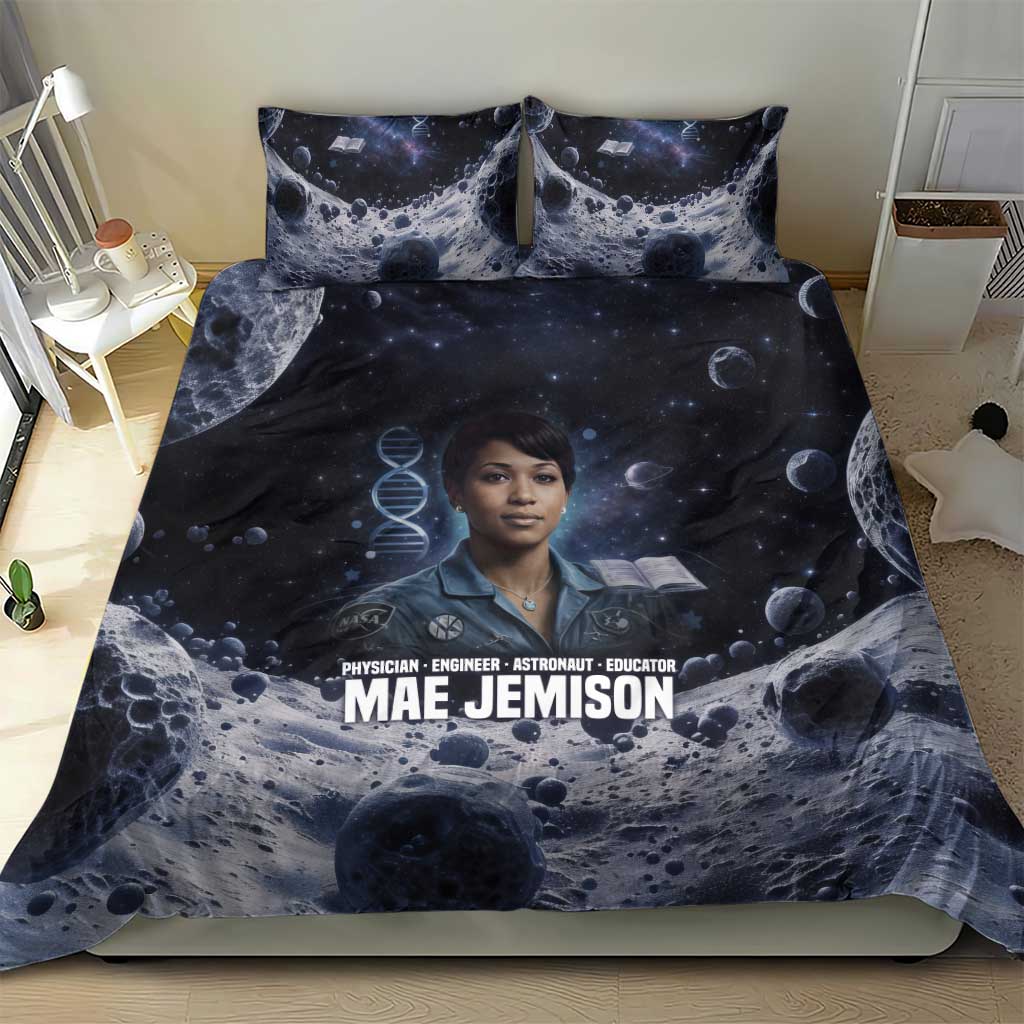 Mae Jemison Bedding Set with Space Portrait Design, Science Has No Boundaries Quote and DNA Book Elements - African Pride