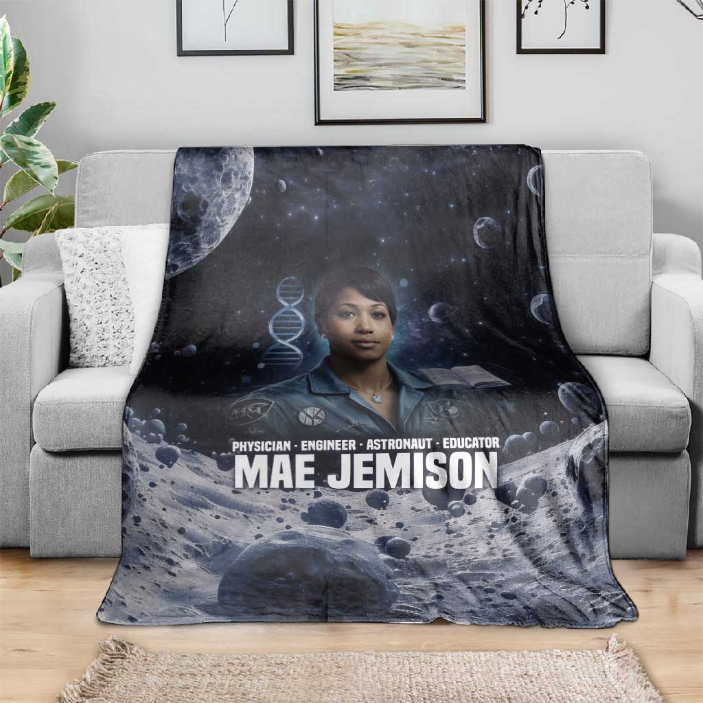 Mae Jemison Blanket with Space Portrait Design, Science Has No Boundaries Quote and DNA Book Elements - African Pride