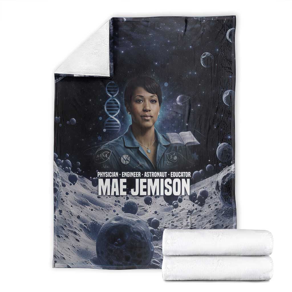 Mae Jemison Blanket with Space Portrait Design, Science Has No Boundaries Quote and DNA Book Elements - African Pride