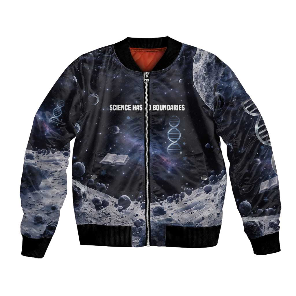 Mae Jemison Bomber Jacket with Space Portrait Design, Science Has No Boundaries Quote and DNA Book Elements - African Pride