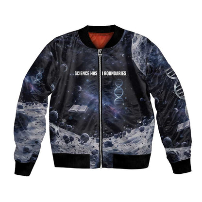 Mae Jemison Bomber Jacket with Space Portrait Design, Science Has No Boundaries Quote and DNA Book Elements - African Pride