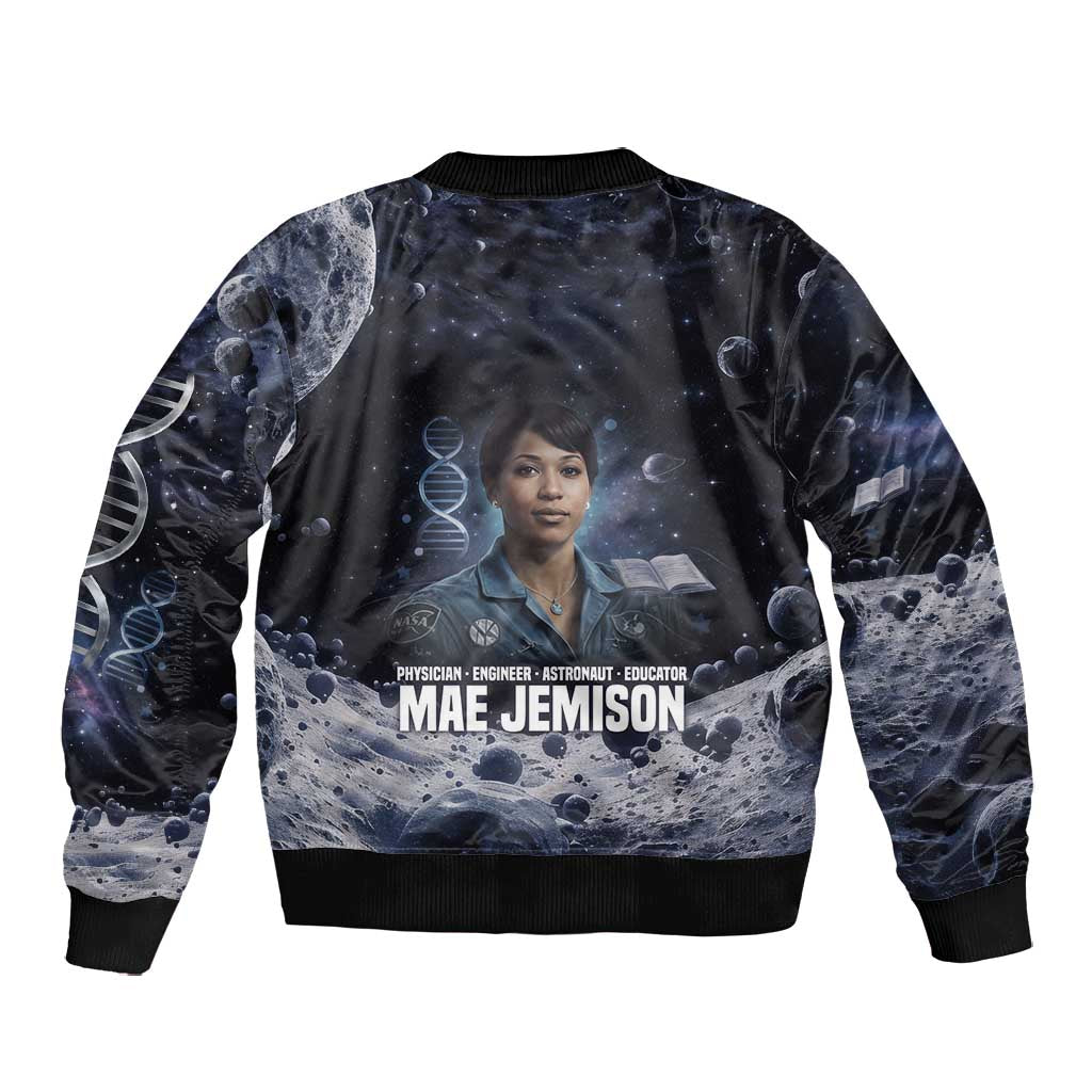 Mae Jemison Bomber Jacket with Space Portrait Design, Science Has No Boundaries Quote and DNA Book Elements - African Pride
