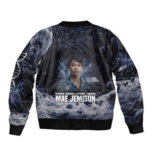 Mae Jemison Bomber Jacket with Space Portrait Design, Science Has No Boundaries Quote and DNA Book Elements - African Pride