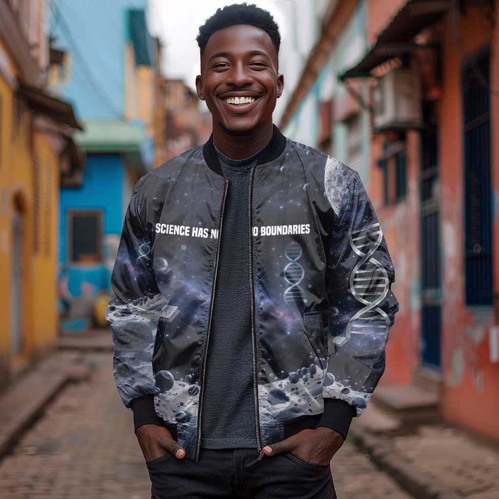 Mae Jemison Bomber Jacket with Space Portrait Design, Science Has No Boundaries Quote and DNA Book Elements - African Pride