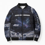 Mae Jemison Bomber Puffer Jacket with Space Portrait Design, Science Has No Boundaries Quote and DNA Book Elements - African Pride