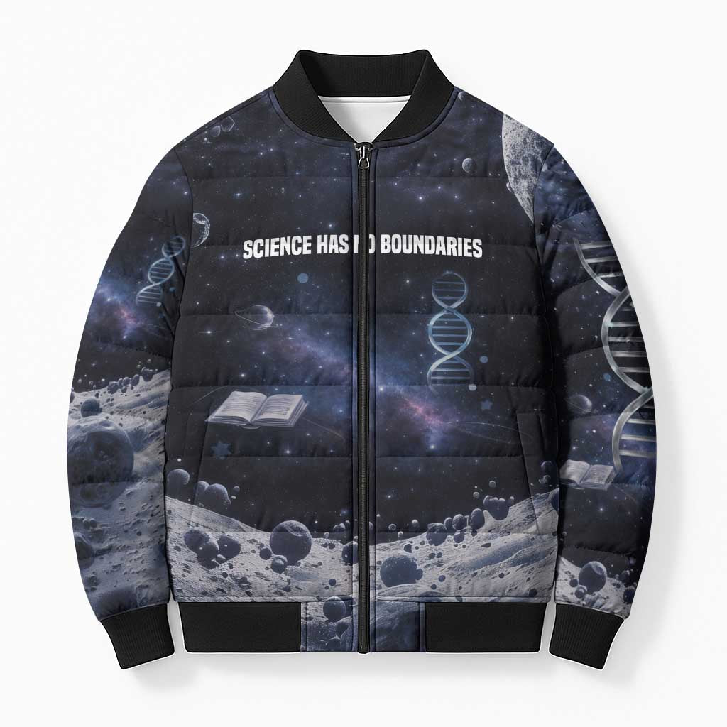 Mae Jemison Bomber Puffer Jacket with Space Portrait Design, Science Has No Boundaries Quote and DNA Book Elements - African Pride