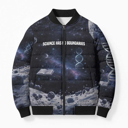 Mae Jemison Bomber Puffer Jacket with Space Portrait Design, Science Has No Boundaries Quote and DNA Book Elements - African Pride