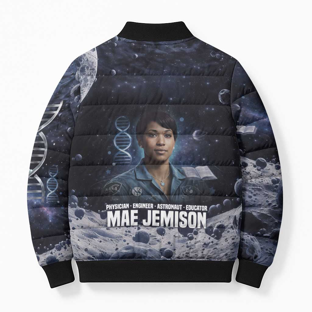 Mae Jemison Bomber Puffer Jacket with Space Portrait Design, Science Has No Boundaries Quote and DNA Book Elements - African Pride