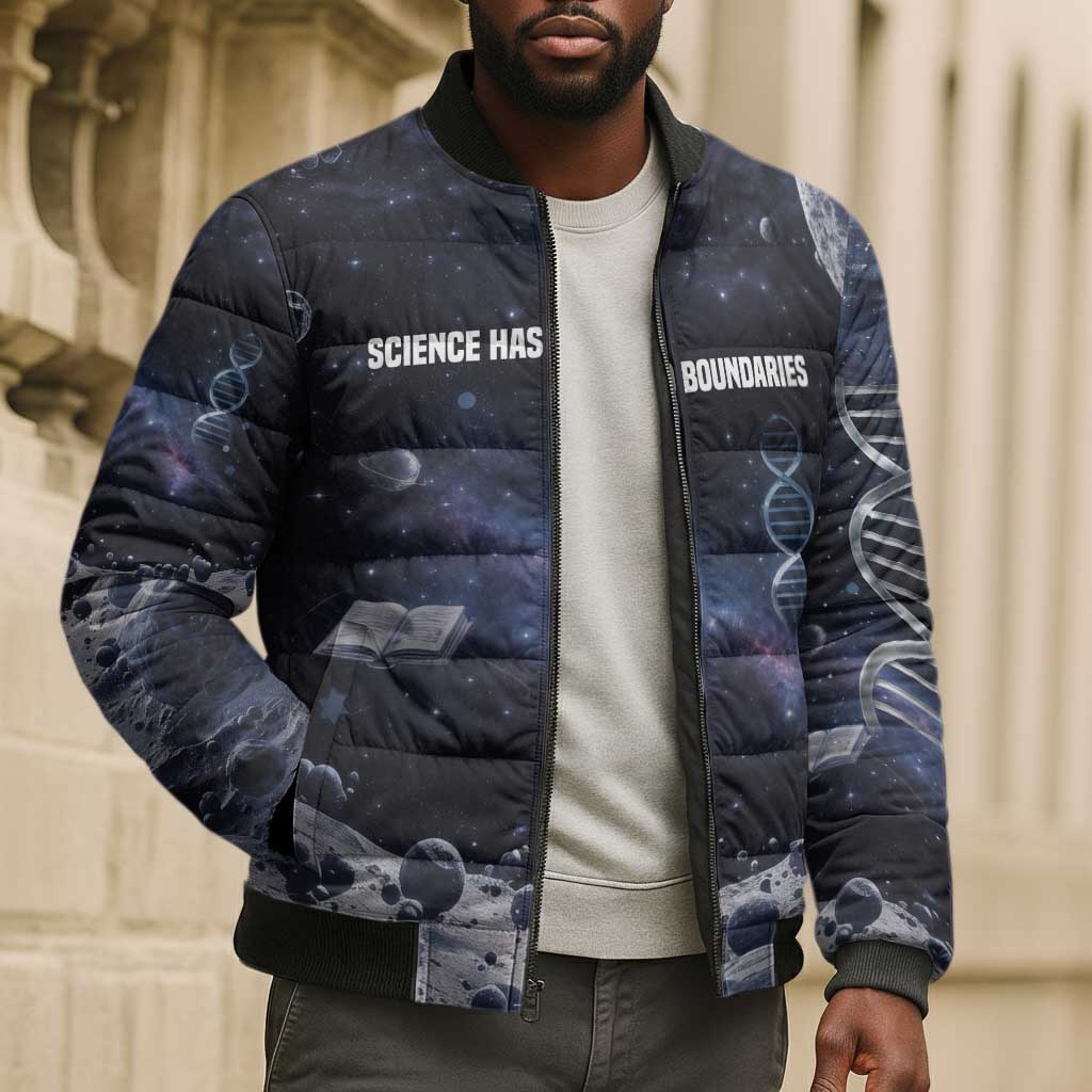 Mae Jemison Bomber Puffer Jacket with Space Portrait Design, Science Has No Boundaries Quote and DNA Book Elements - African Pride