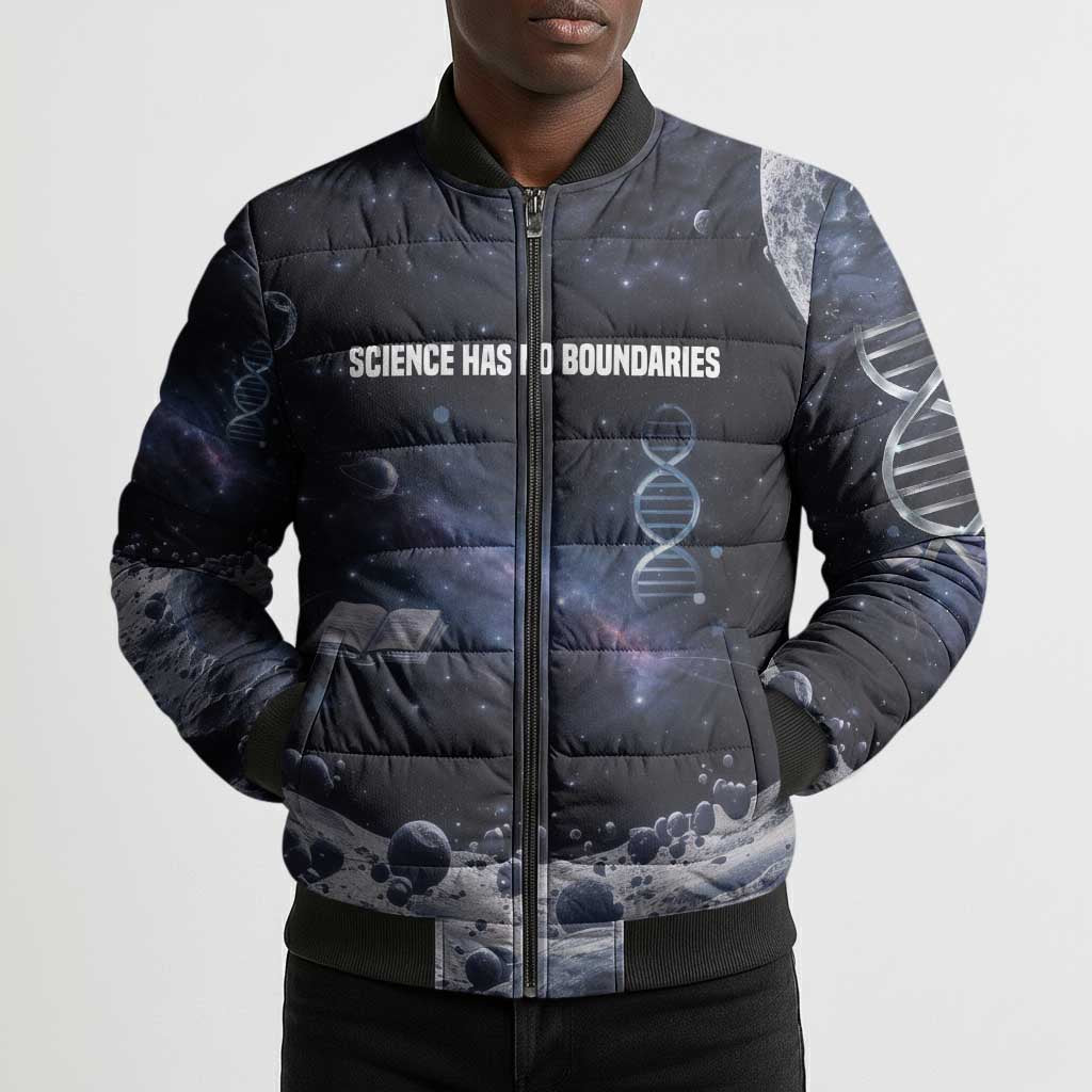Mae Jemison Bomber Puffer Jacket with Space Portrait Design, Science Has No Boundaries Quote and DNA Book Elements - African Pride