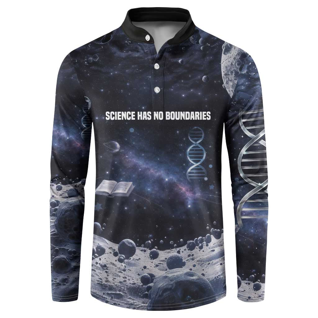 Mae Jemison Button Sweatshirt with Space Portrait Design, Science Has No Boundaries Quote and DNA Book Elements