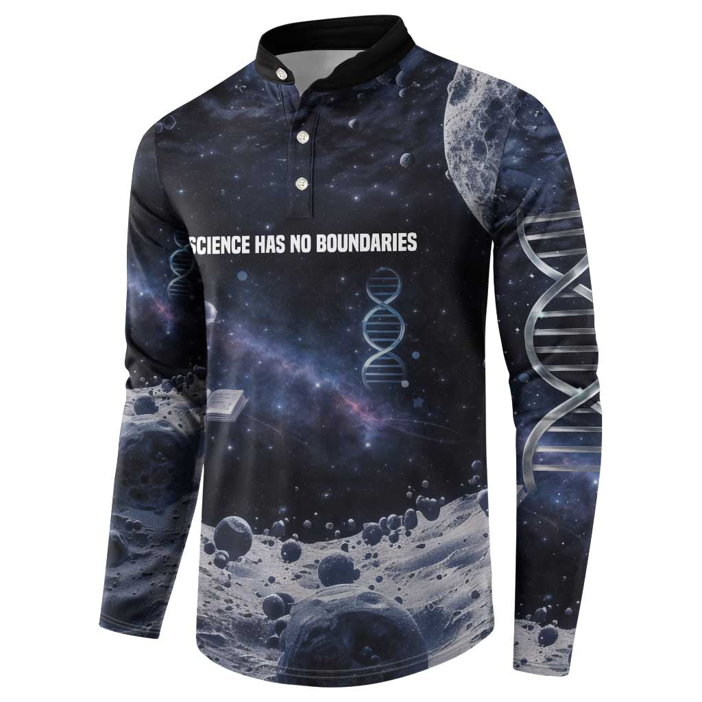 Mae Jemison Button Sweatshirt with Space Portrait Design, Science Has No Boundaries Quote and DNA Book Elements