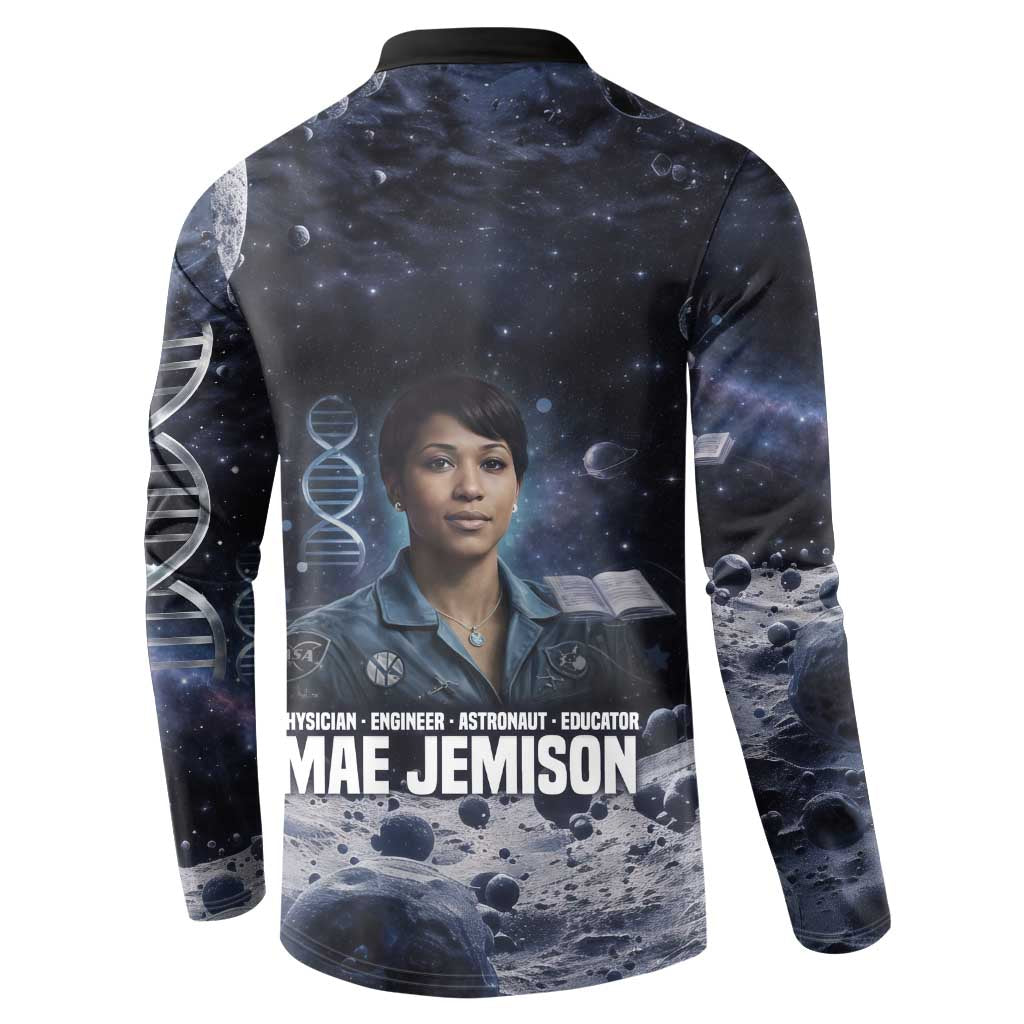 Mae Jemison Button Sweatshirt with Space Portrait Design, Science Has No Boundaries Quote and DNA Book Elements