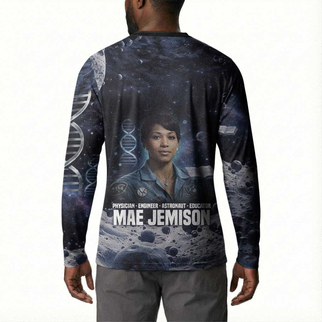 Mae Jemison Button Sweatshirt with Space Portrait Design, Science Has No Boundaries Quote and DNA Book Elements