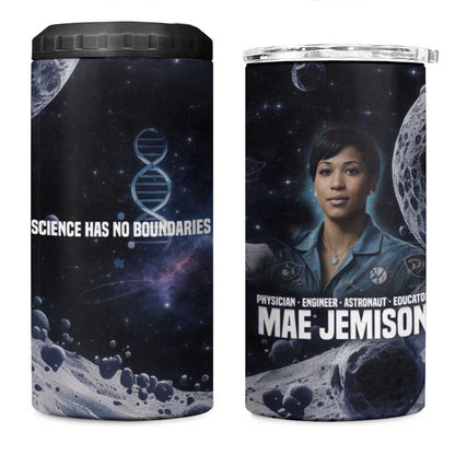 Mae Jemison 4 in 1 Can Cooler Tumbler with Space Portrait Design, Science Has No Boundaries Quote and DNA Book Elements - African Pride