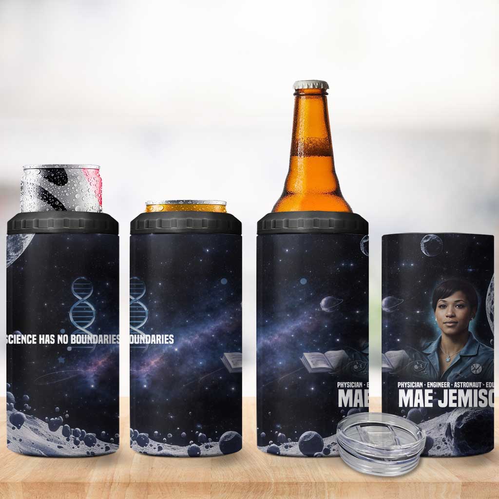 Mae Jemison 4 in 1 Can Cooler Tumbler with Space Portrait Design, Science Has No Boundaries Quote and DNA Book Elements - African Pride