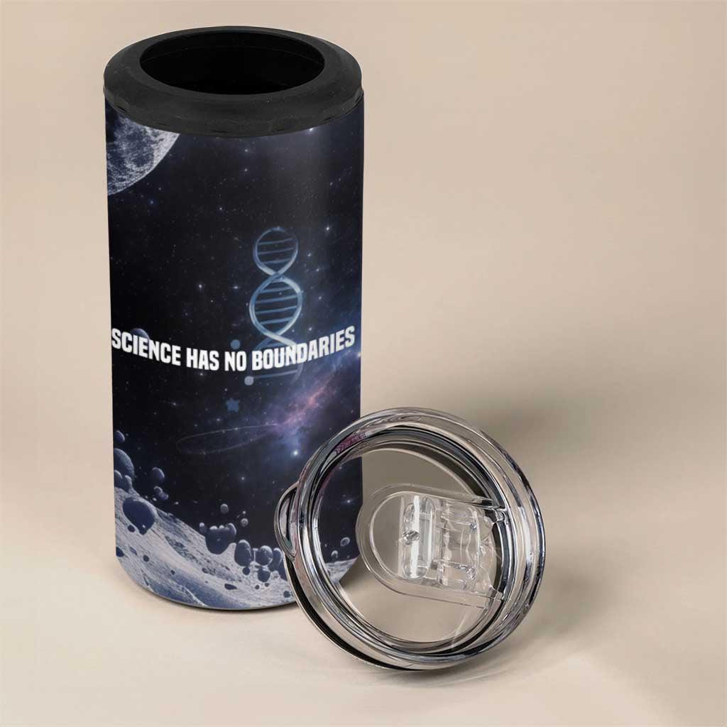Mae Jemison 4 in 1 Can Cooler Tumbler with Space Portrait Design, Science Has No Boundaries Quote and DNA Book Elements - African Pride