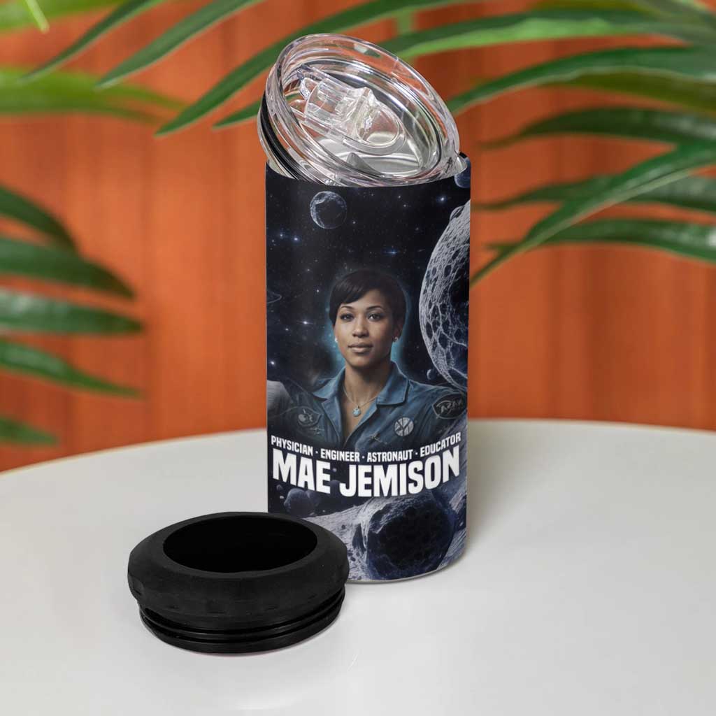 Mae Jemison 4 in 1 Can Cooler Tumbler with Space Portrait Design, Science Has No Boundaries Quote and DNA Book Elements - African Pride