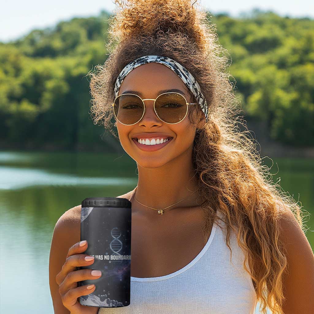 Mae Jemison 4 in 1 Can Cooler Tumbler with Space Portrait Design, Science Has No Boundaries Quote and DNA Book Elements - African Pride
