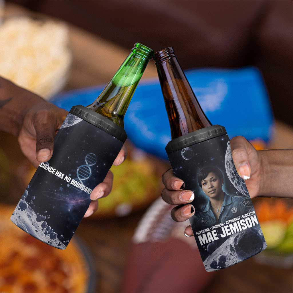 Mae Jemison 4 in 1 Can Cooler Tumbler with Space Portrait Design, Science Has No Boundaries Quote and DNA Book Elements - African Pride