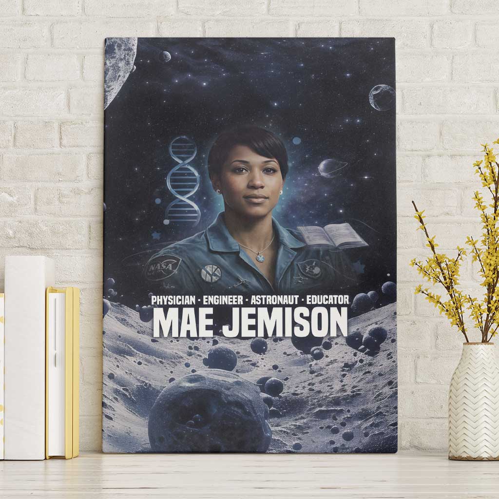 Mae Jemison Canvas Wall Art with Space Portrait Design, Science Has No Boundaries Quote and DNA Book Elements - African Pride