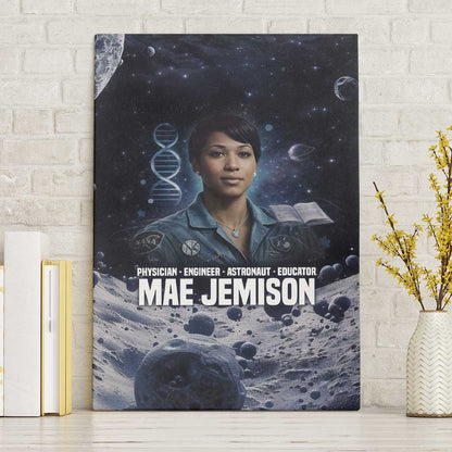 Mae Jemison Canvas Wall Art with Space Portrait Design, Science Has No Boundaries Quote and DNA Book Elements - African Pride