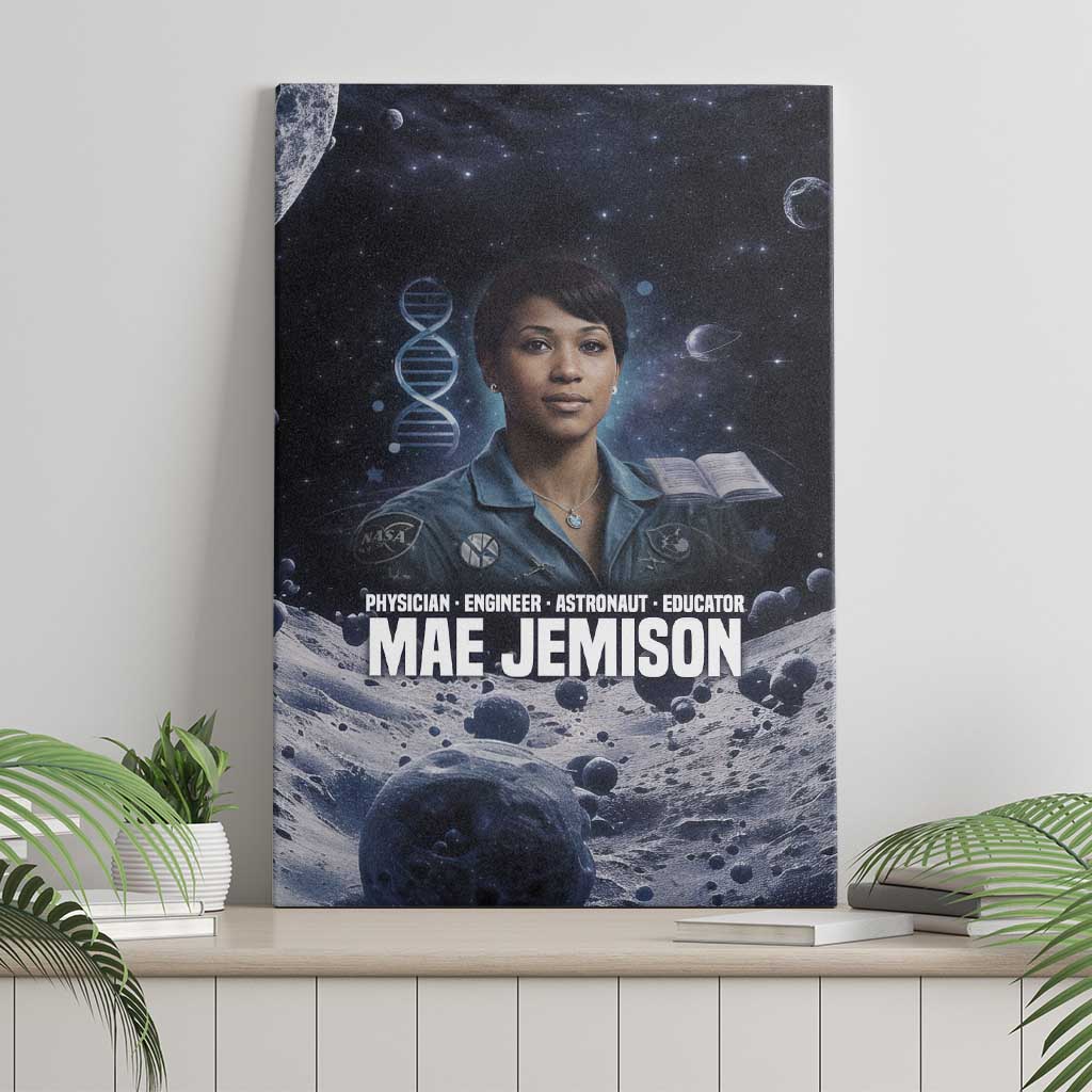Mae Jemison Canvas Wall Art with Space Portrait Design, Science Has No Boundaries Quote and DNA Book Elements - African Pride