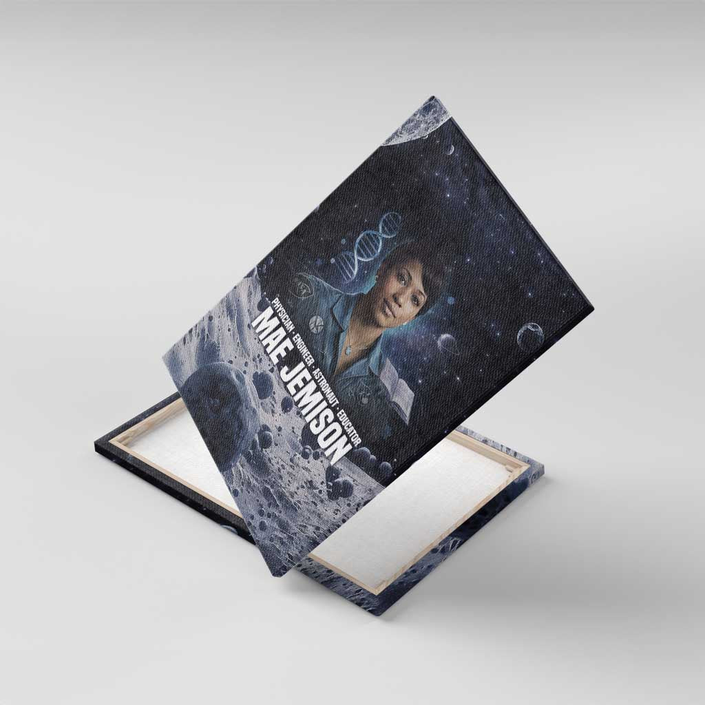 Mae Jemison Canvas Wall Art with Space Portrait Design, Science Has No Boundaries Quote and DNA Book Elements - African Pride