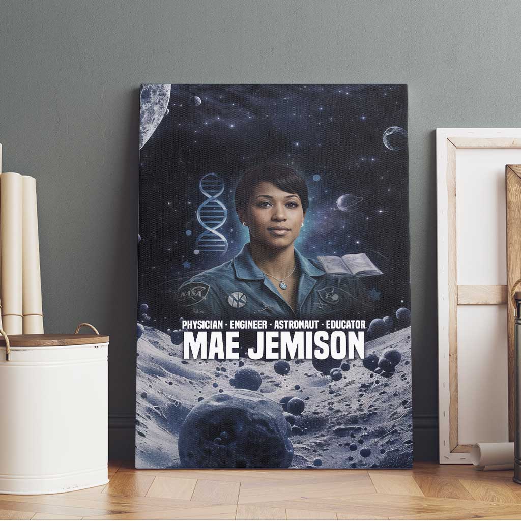Mae Jemison Canvas Wall Art with Space Portrait Design, Science Has No Boundaries Quote and DNA Book Elements - African Pride