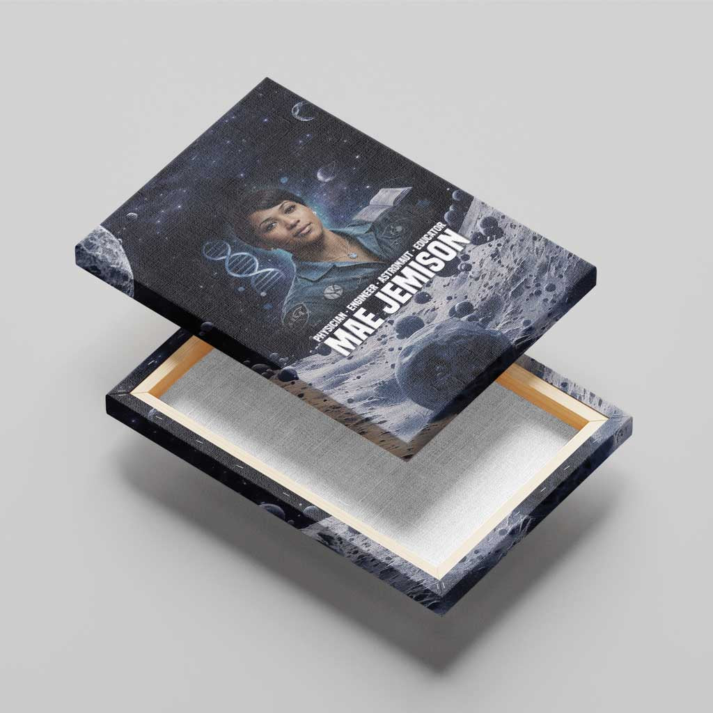 Mae Jemison Canvas Wall Art with Space Portrait Design, Science Has No Boundaries Quote and DNA Book Elements - African Pride