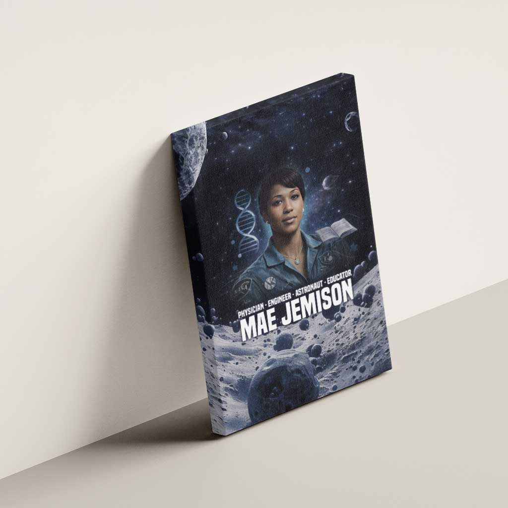 Mae Jemison Canvas Wall Art with Space Portrait Design, Science Has No Boundaries Quote and DNA Book Elements - African Pride