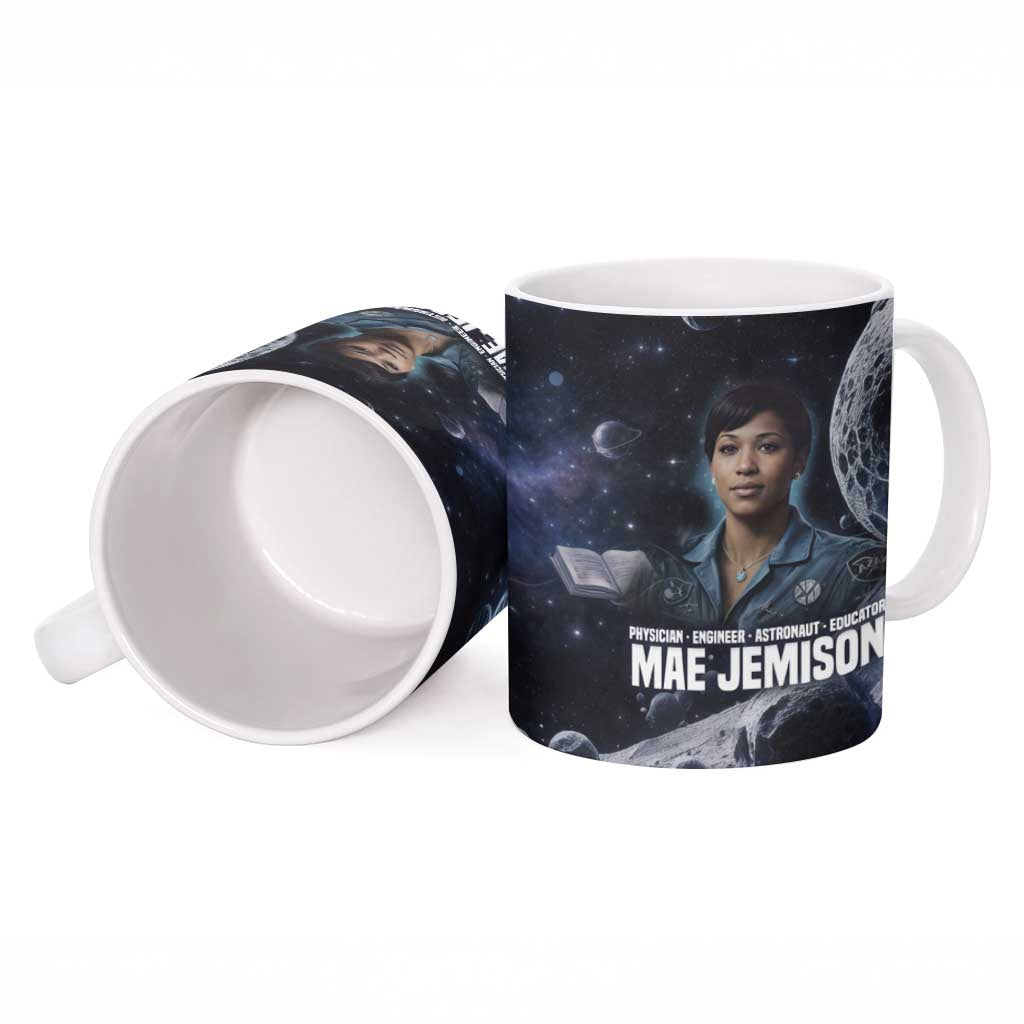 Mae Jemison Ceramic Mug with Space Portrait Design, Science Has No Boundaries Quote and DNA Book Elements - African Pride
