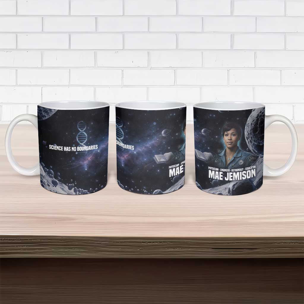 Mae Jemison Ceramic Mug with Space Portrait Design, Science Has No Boundaries Quote and DNA Book Elements - African Pride
