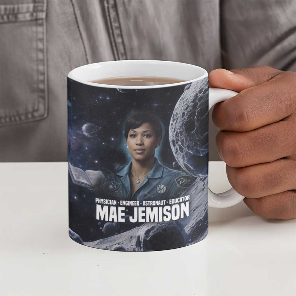 Mae Jemison Ceramic Mug with Space Portrait Design, Science Has No Boundaries Quote and DNA Book Elements - African Pride