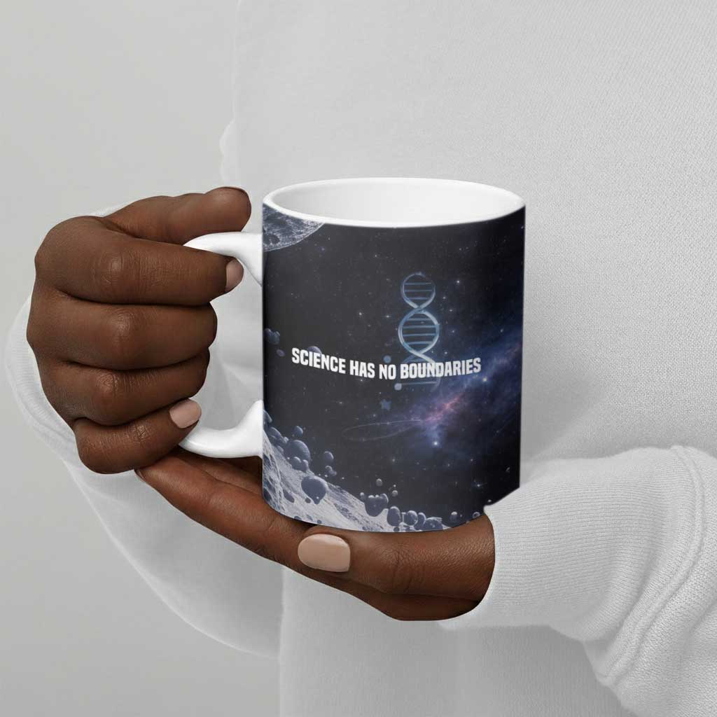 Mae Jemison Ceramic Mug with Space Portrait Design, Science Has No Boundaries Quote and DNA Book Elements - African Pride