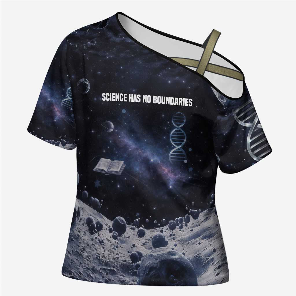 Mae Jemison Cross Shoulder Shirt with Space Portrait Design, Science Has No Boundaries Quote and DNA Book Elements - African Pride