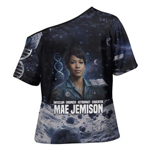 Mae Jemison Cross Shoulder Shirt with Space Portrait Design, Science Has No Boundaries Quote and DNA Book Elements - African Pride