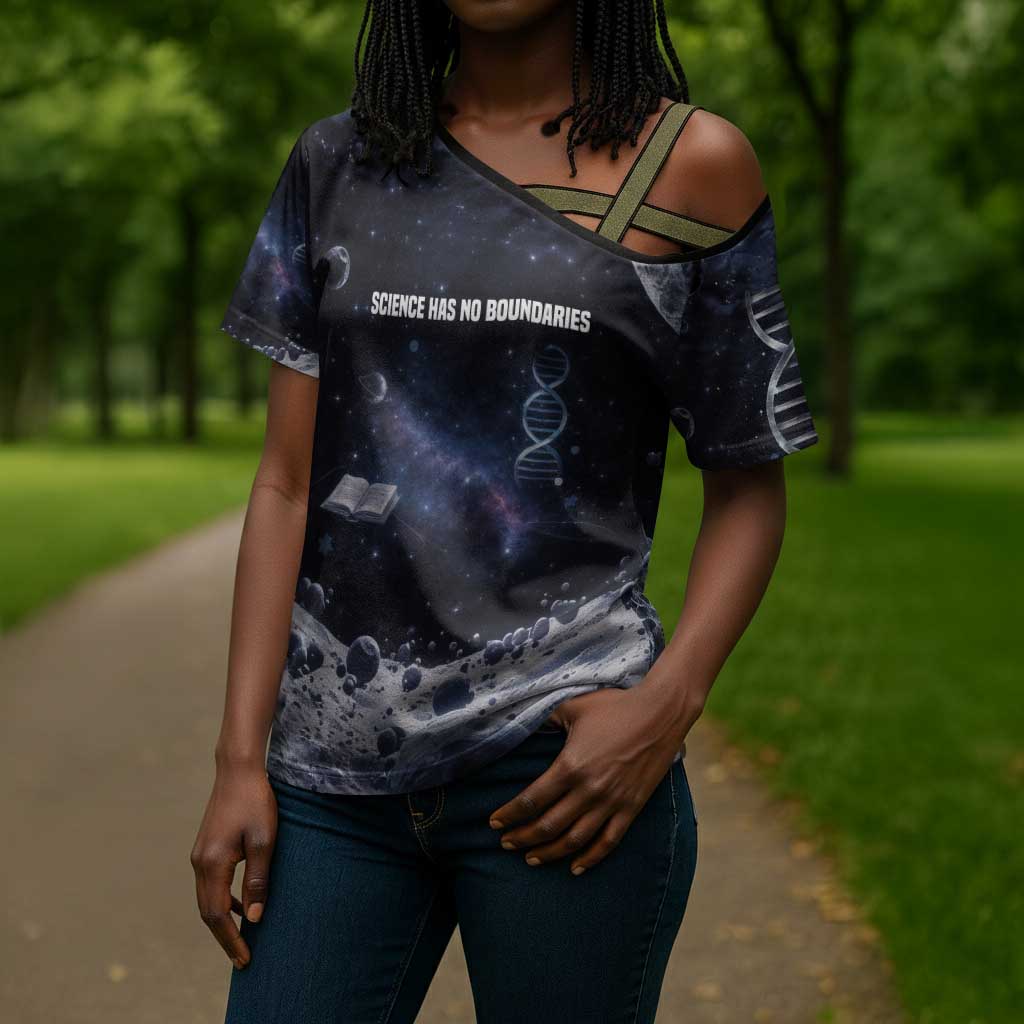 Mae Jemison Cross Shoulder Shirt with Space Portrait Design, Science Has No Boundaries Quote and DNA Book Elements - African Pride