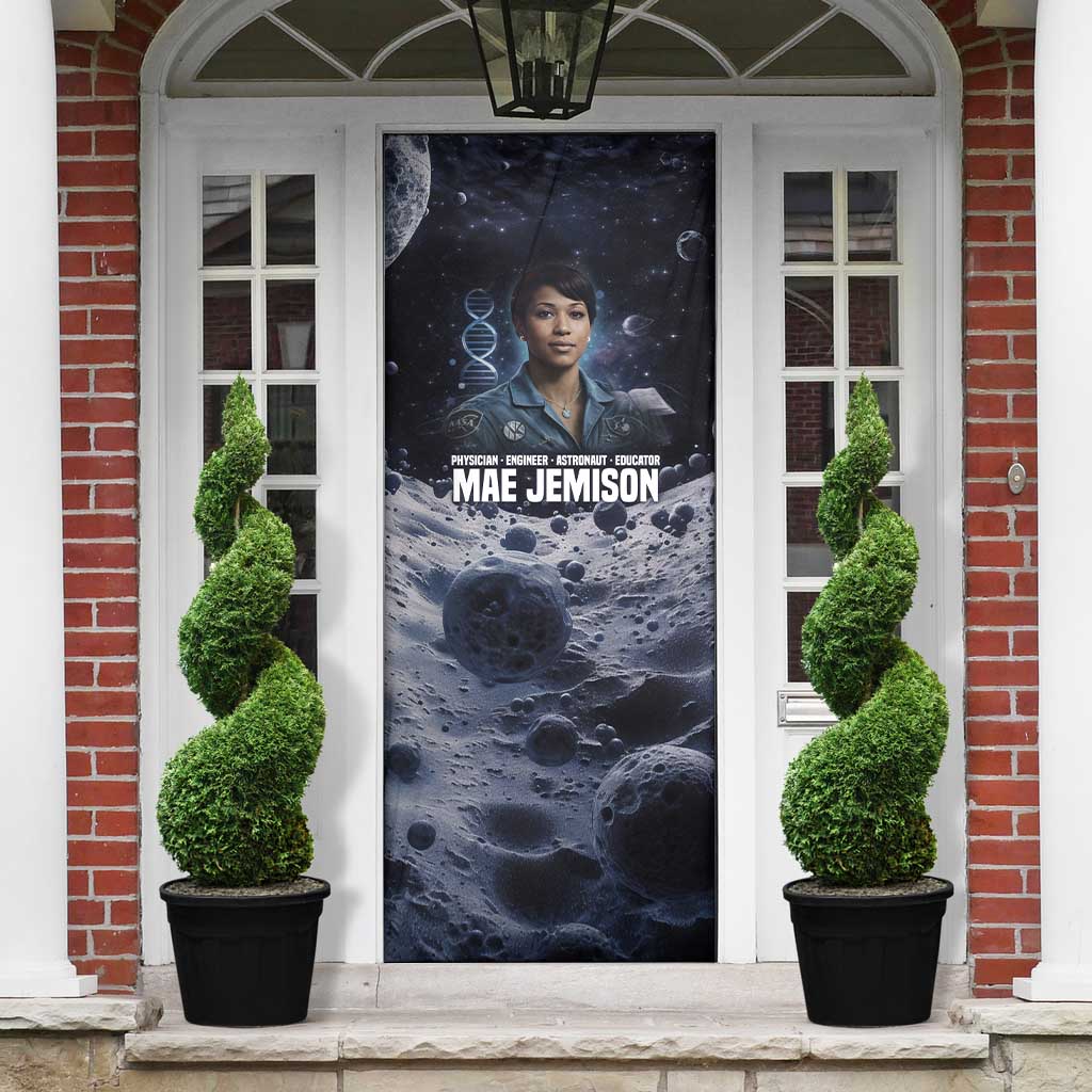 Mae Jemison Door Cover with Space Portrait Design, Science Has No Boundaries Quote and DNA Book Elements - African Pride