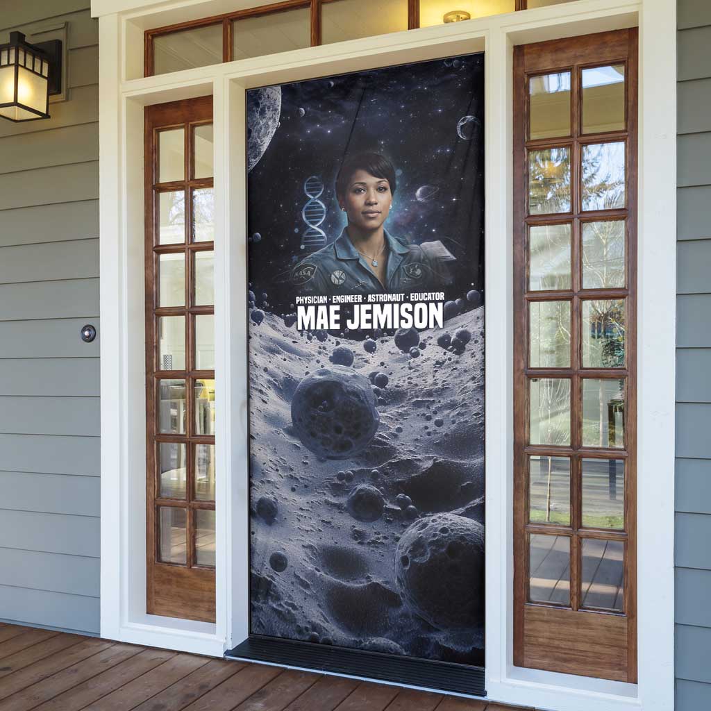 Mae Jemison Door Cover with Space Portrait Design, Science Has No Boundaries Quote and DNA Book Elements - African Pride